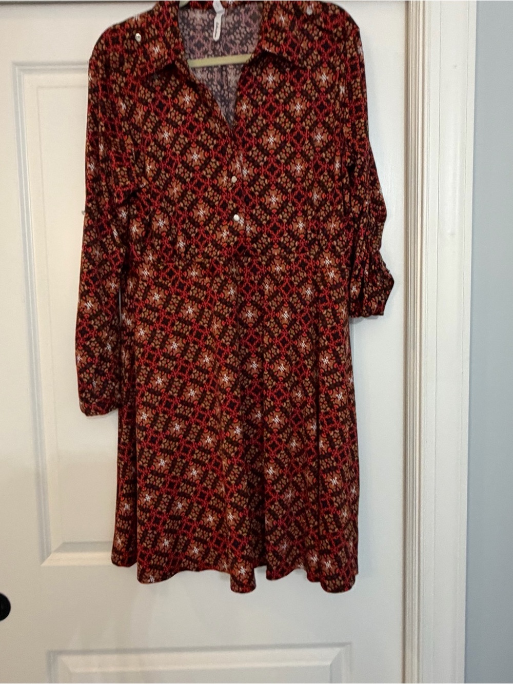 NY Collection Red & Brown Geometric Midi Shirt Dress